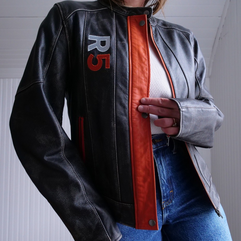 y2k Private Divisions orange and black cafe racer leather jacket - Picture 7 of 11